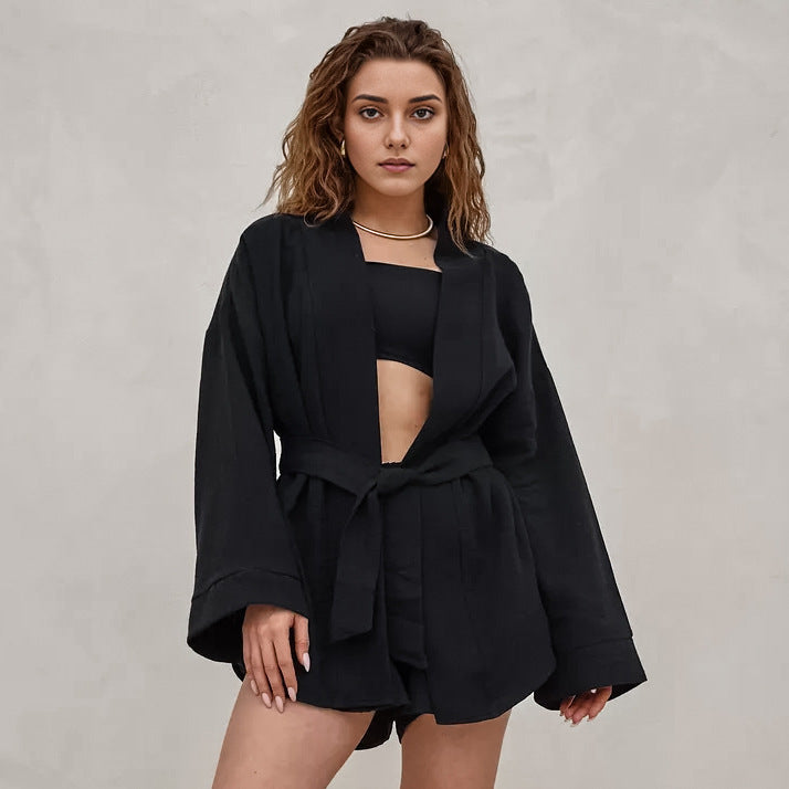 Pyjama à Bretelles avec Cardigan Noir en Coton Pur
