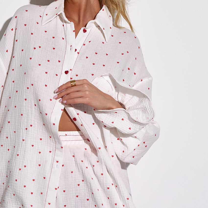 Pyjama Coton à Manches Longues et Short, Motif Cœur