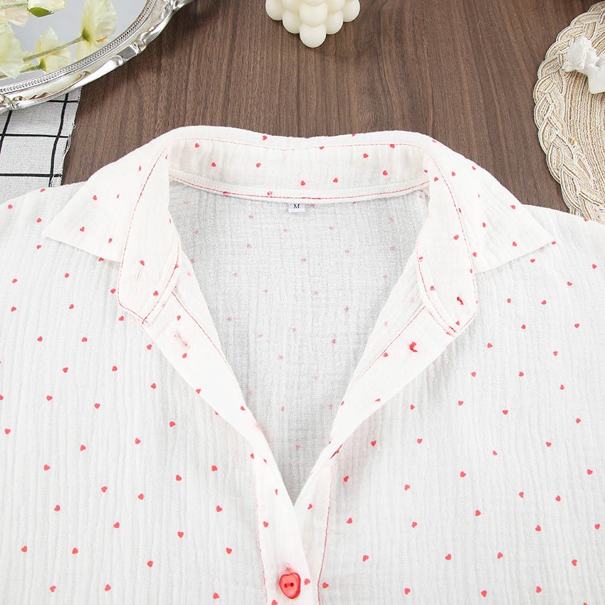 Pyjama Coton à Manches Longues et Short, Motif Cœur