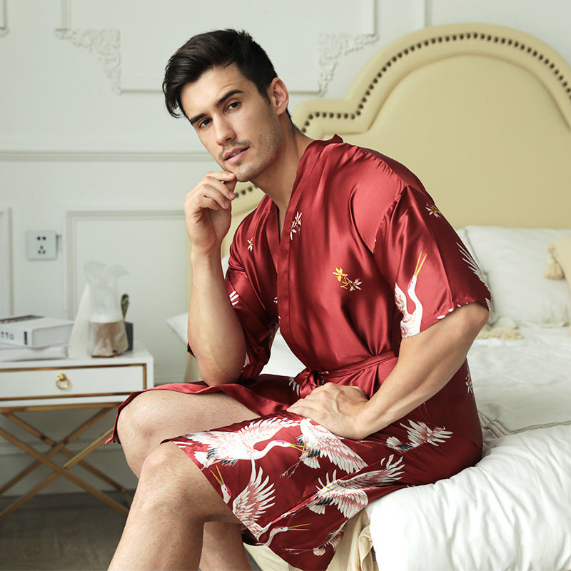 Pyjamas mi-long en soie imprimée pour homme, .