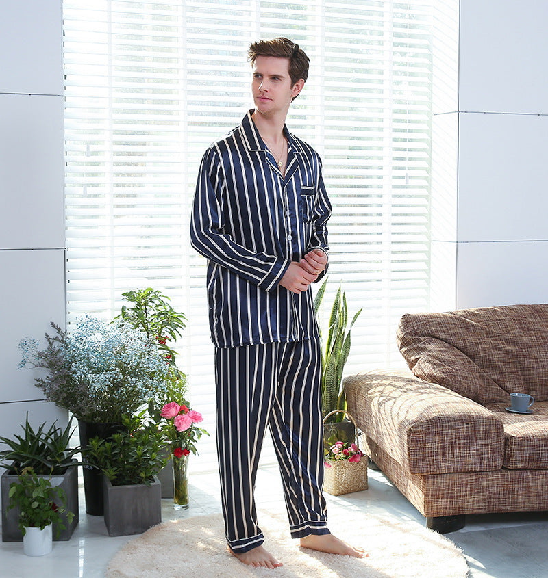 Pyjama Rayé en Soie Simulée pour Homme – Automne.