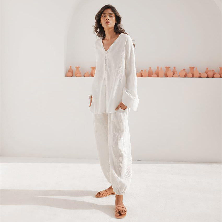 Pyjama Long d'Été en Coton Style Européen et Américain