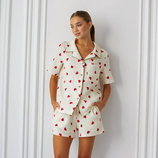 Pyjama en coton style cardigan imprimé cœur – Ensemble deux pièces ,