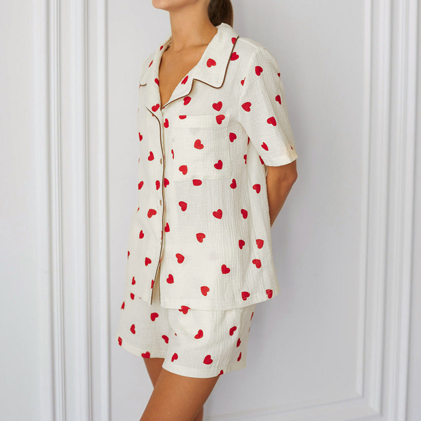 Pyjama en coton style cardigan imprimé cœur – Ensemble deux pièces ,