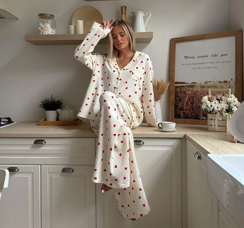 Ensemble Pyjama Femme Deux-Pièces avec Motif Cœur