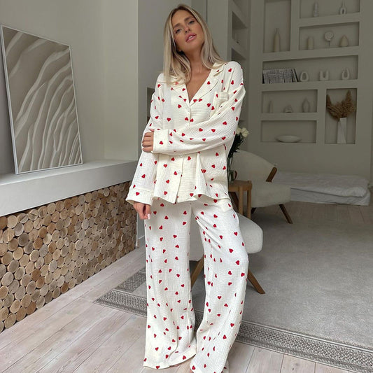 Ensemble Pyjama Femme Deux-Pièces avec Motif Cœur