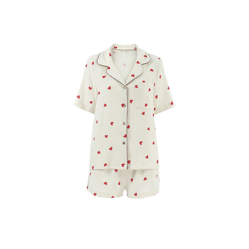 Pyjama en coton style cardigan imprimé cœur – Ensemble deux pièces ,