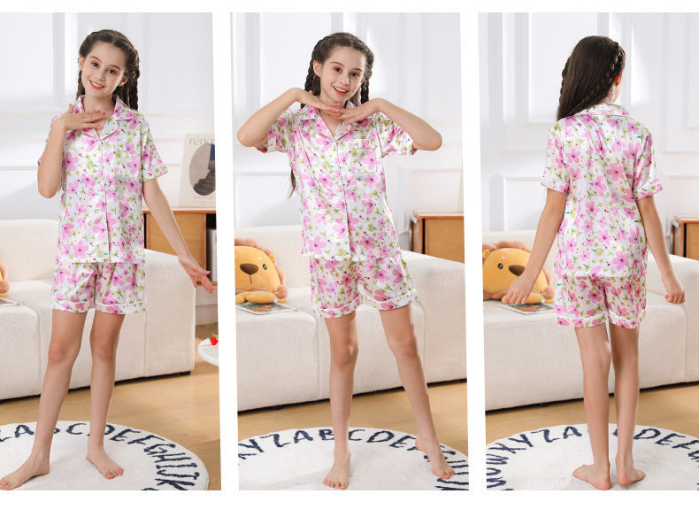 Pyjama pour filles en soie glacée, été, à manches courtes et shorts