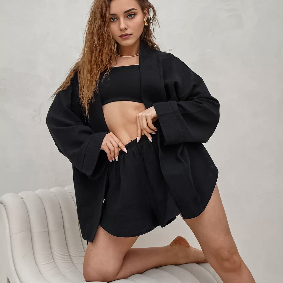 Pyjama à Bretelles avec Cardigan Noir en Coton Pur