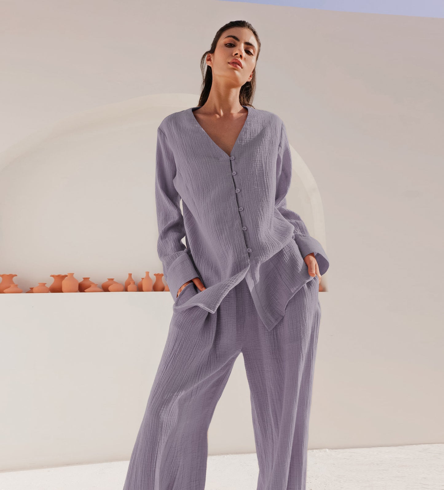 Pyjama Long d'Été en Coton Style Européen et Américain