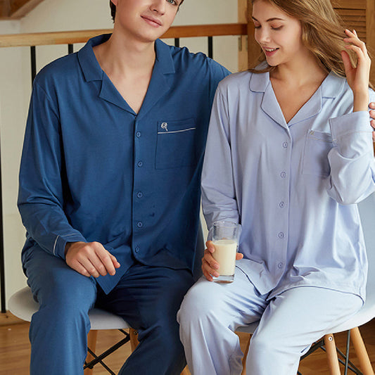 Pyjama Couple à Col Revers, Manches Longues en Coton Tricoté