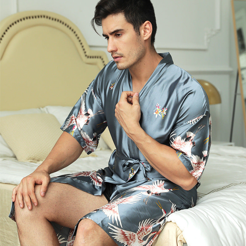 Pyjamas mi-long en soie imprimée pour homme, .