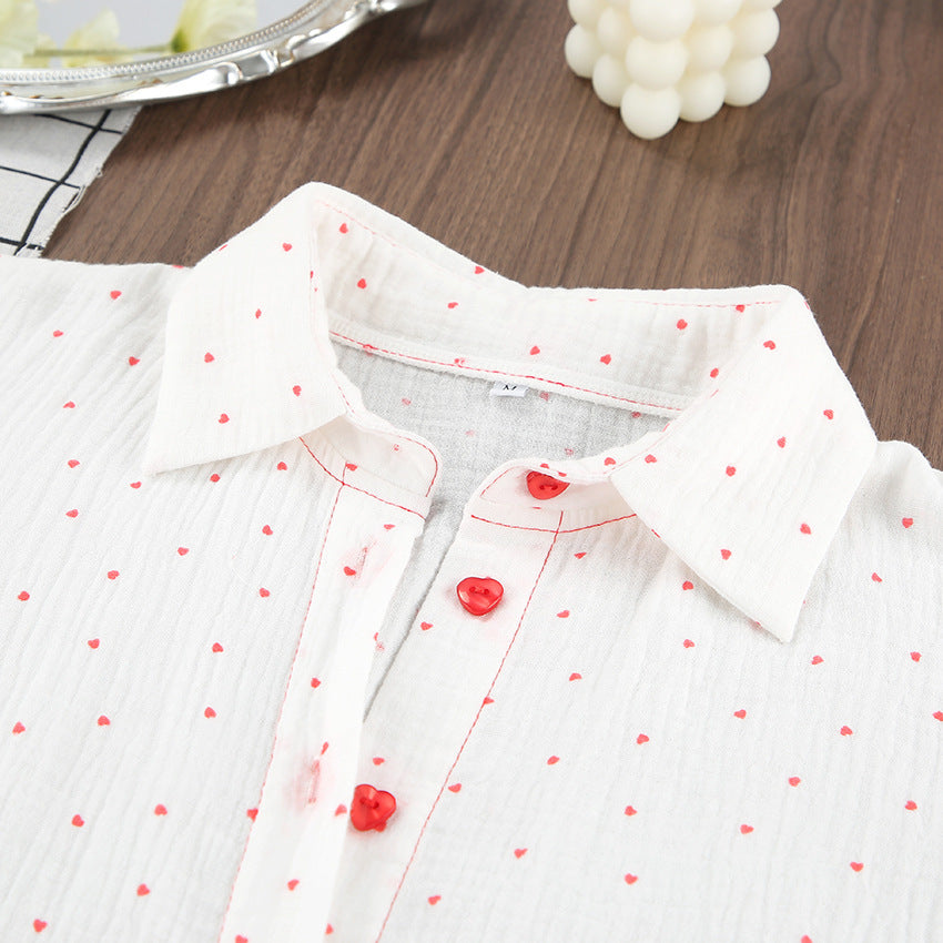 Pyjama Coton à Manches Longues et Short, Motif Cœur