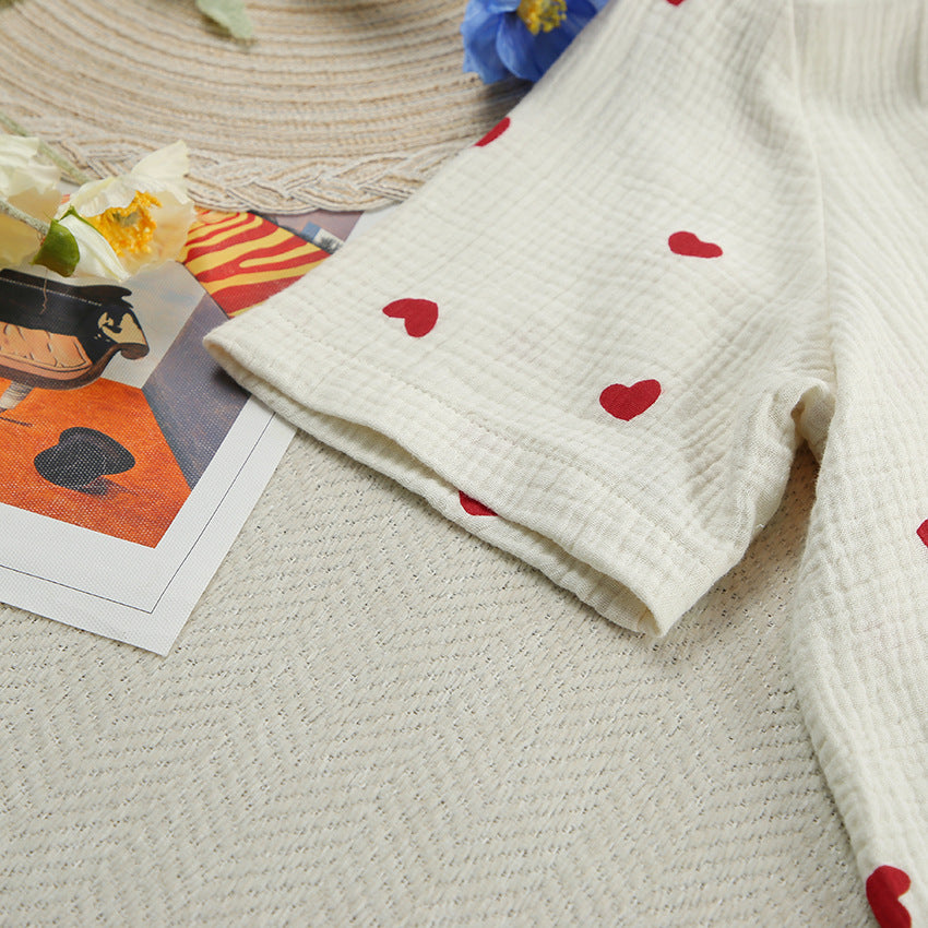 Pyjama en coton style cardigan imprimé cœur – Ensemble deux pièces ,